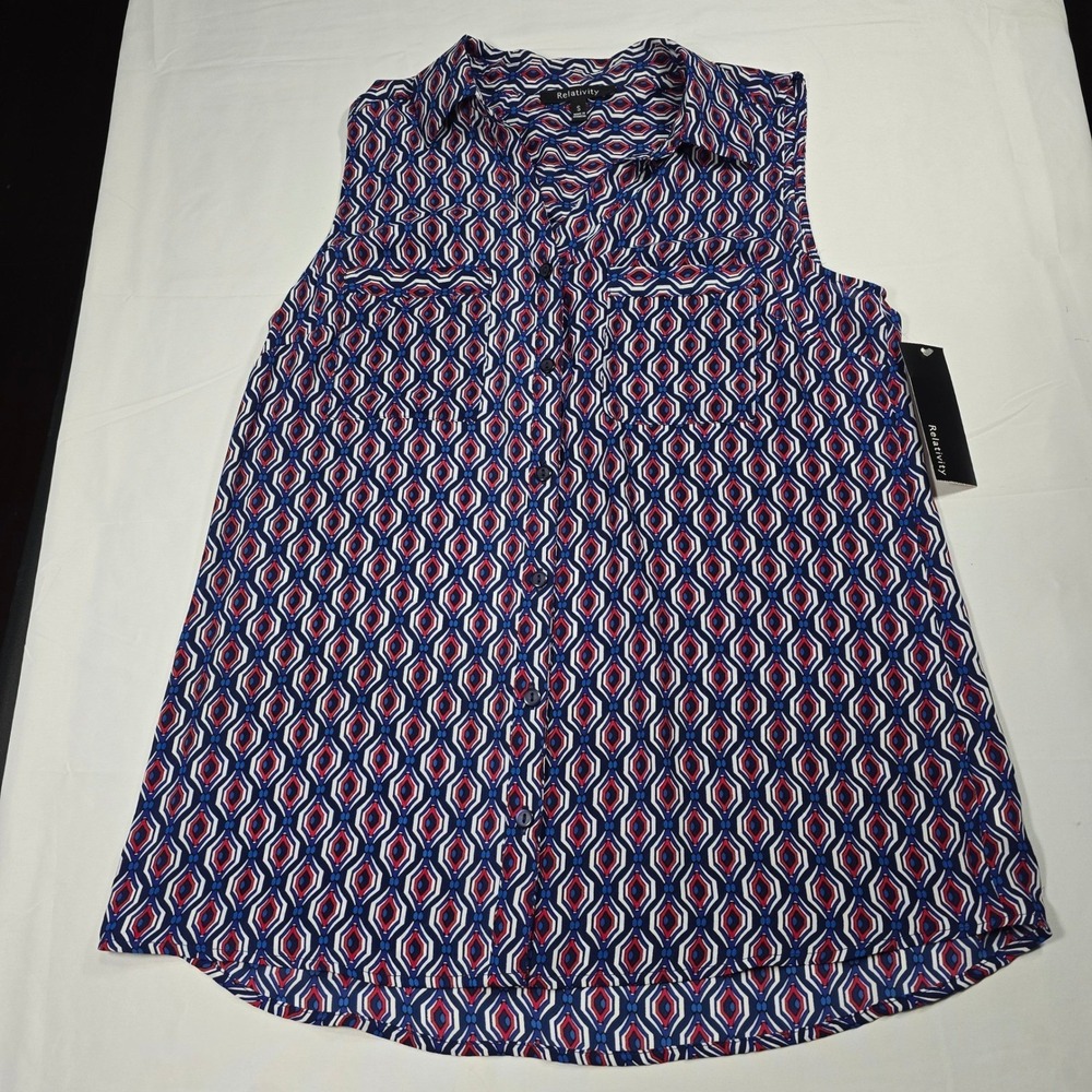 Relativity Geometric Sleeveless Button Front Blouse Red White Blue Women's‎ S